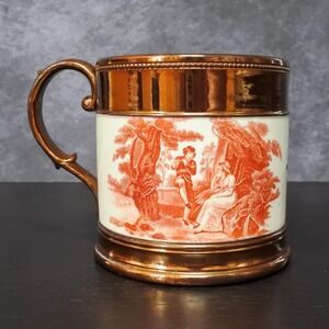 Antique c. 1820 Staffordshire Large Copper Lustre Bat Print Transferware Mug